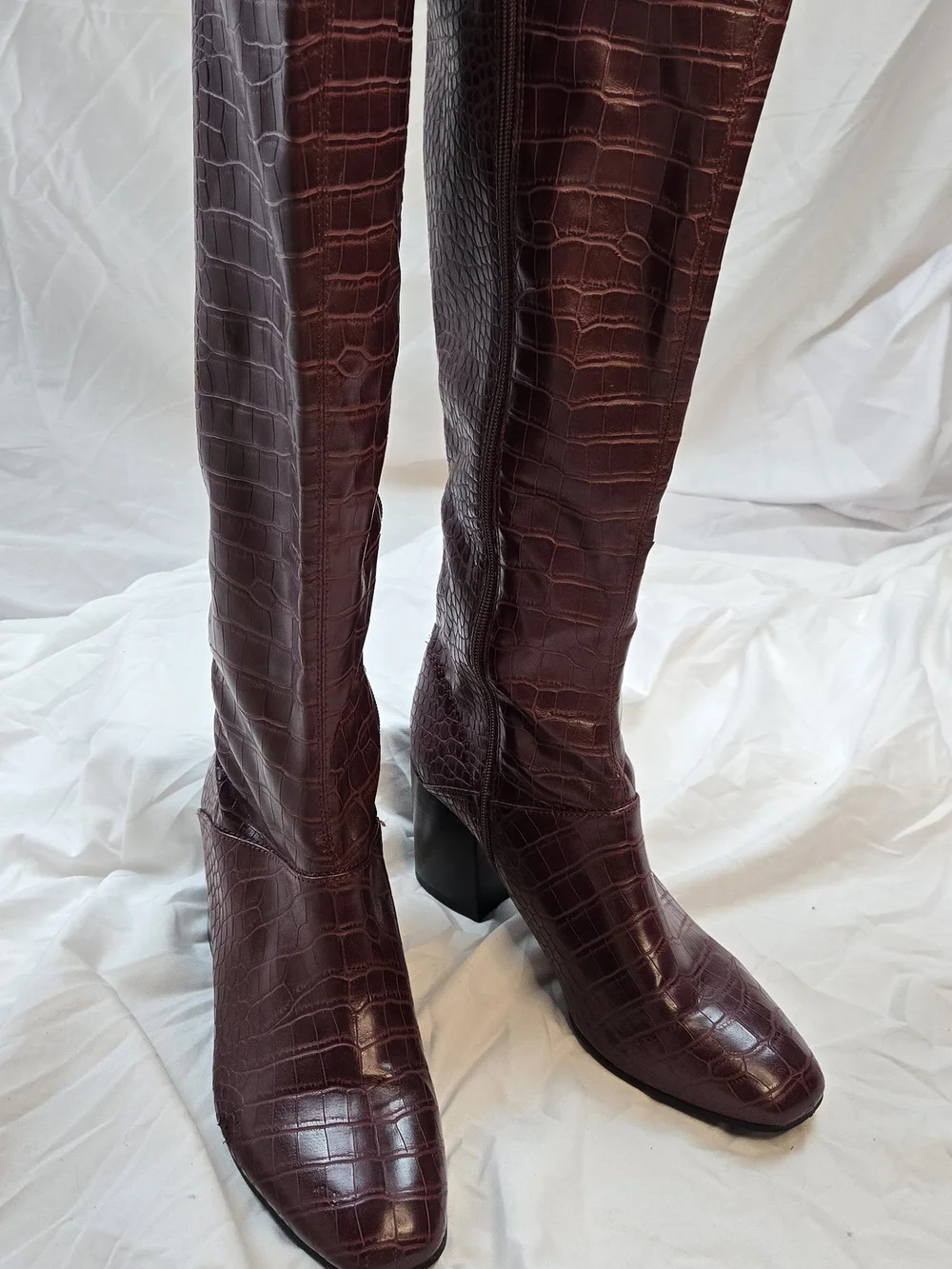 Franco Sarto Women's Knee High Boots Size 11 Burgundy Croc Embossed Block Heel
